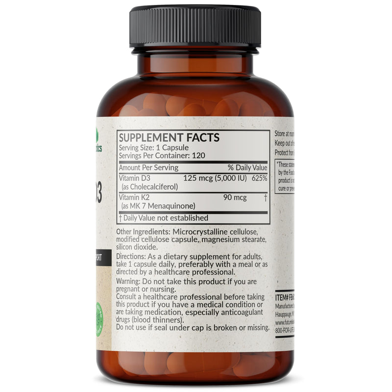 Futurebiotics Vitamin K2 MK-7 90 mcg + D3 5000 IU, 120 Vegetarian Capsules | 2-in-1 Bone, Immune & Heart Health Support, Helps Transport Calcium to Bones, Non-GMO, Gluten-Free & Soy-Free 120 Count (Pack of 1)