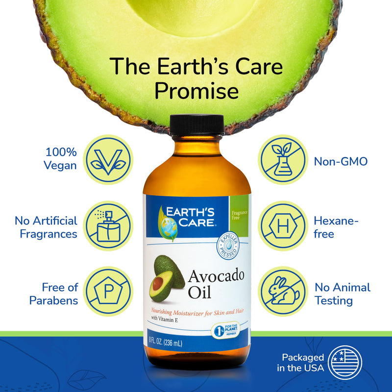 Earth’s Care Avocado Oil - Avocado Oil for Hair and Skin with Vitamin E, Glass Bottle, 8 FL. OZ. 8 Fl Oz (Pack of 1)