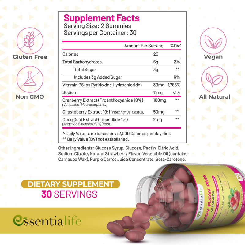 PMS Gummies - Happy Flow PMS Support Supplement for Women - Strawberry PMS Relief Supplement with Vitamin B6 for Hormone Balance, Period Support, Cramps, Hormonal Acne & Bloating Relief (60 Count) 60 Count (Pack of 1)