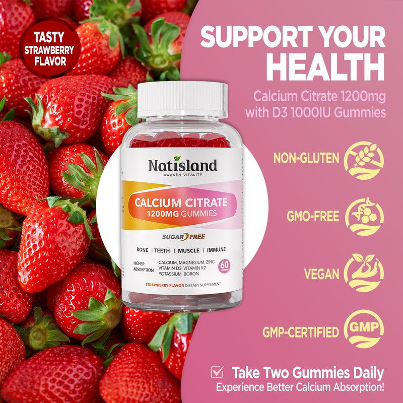 Calcium 1200 mg with Vitamin d3, K2, High Absorption Calcium Citrate with Vitamin D3, K2, Magnesium, Zinc, Potassium, Boron, Calcium Supplements for Women & Men, Sugar-Free, Vegan, 60 Gummies