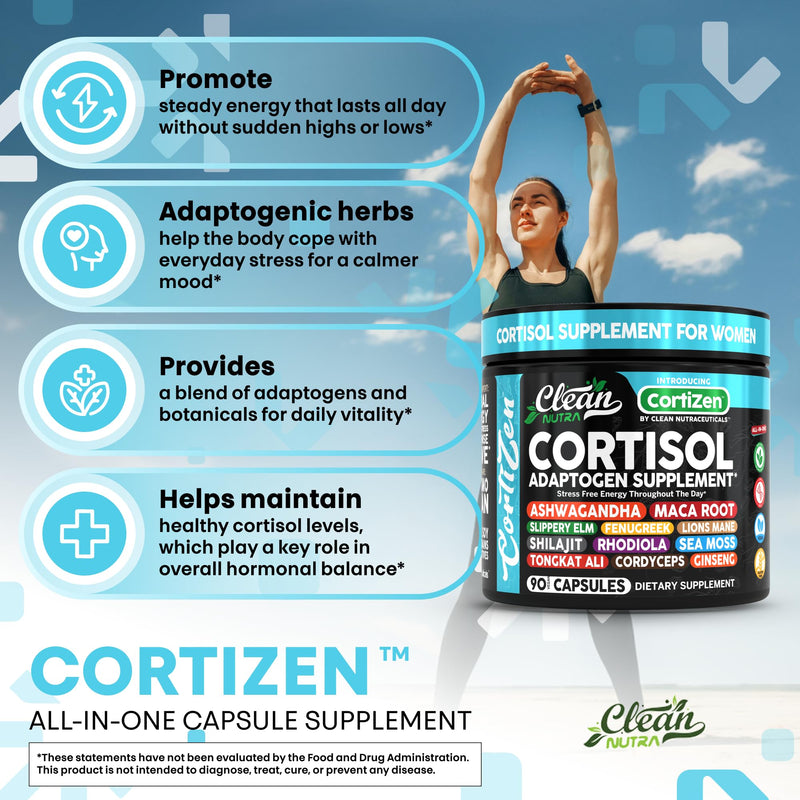 Clean Nutra Cortisol Supplements For Women | Maca Root Ashwagandha Cortisol Detox Manager Reducer + Slippery Elm Fenugreek Lions Mane Shilajit Rhodiola Sea Moss Tongkat Ali Cordyceps Ginseng Beet Root 1
