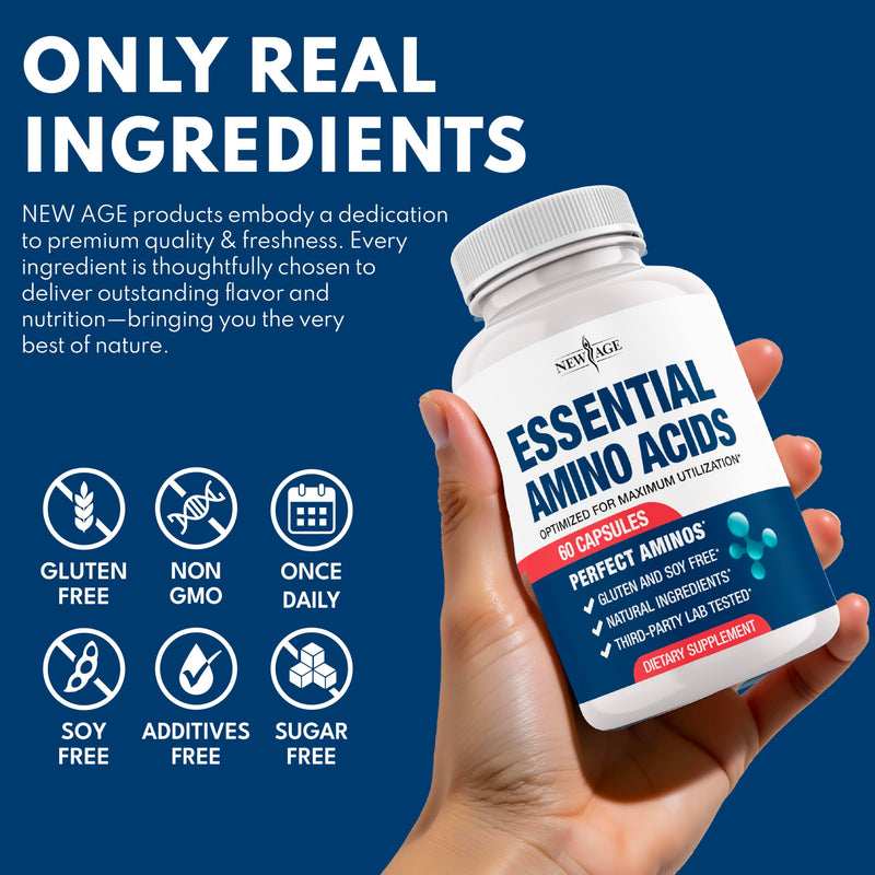 NEW AGE Amino Acid Complex – 20 Aminos with BCAAs, L-Glutamine, L-Arginine & Hyaluronic Acid – Supports Recovery, Energy, Immune Health & Wellness – Non-GMO, Gluten-Free – 60 Capsules 60 Count (Pack of 1)