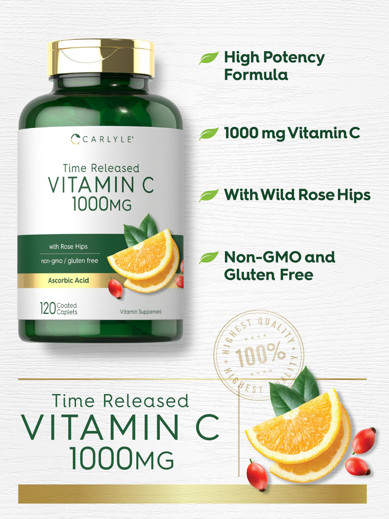 Carlyle Vitamin C 1000mg | Timed Release | 120 Vegetarian Caplets | with Rose Hips | Non-GMO & Gluten Free Supplement
