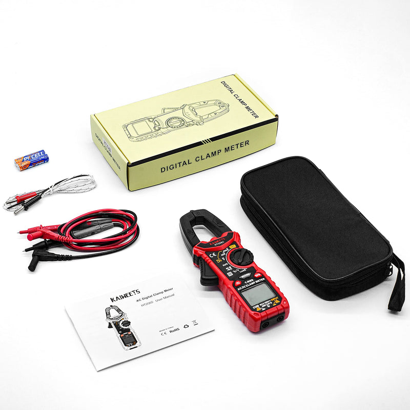 KAIWEETS HT206D Digital Clamp Meter T-RMS 6000 Counts, Multimeter Voltage Tester Auto-ranging, Measures Current Voltage Temperature Capacitance Resistance Diodes Continuity Duty-Cycle (AC/DC Current) AC/DC Current