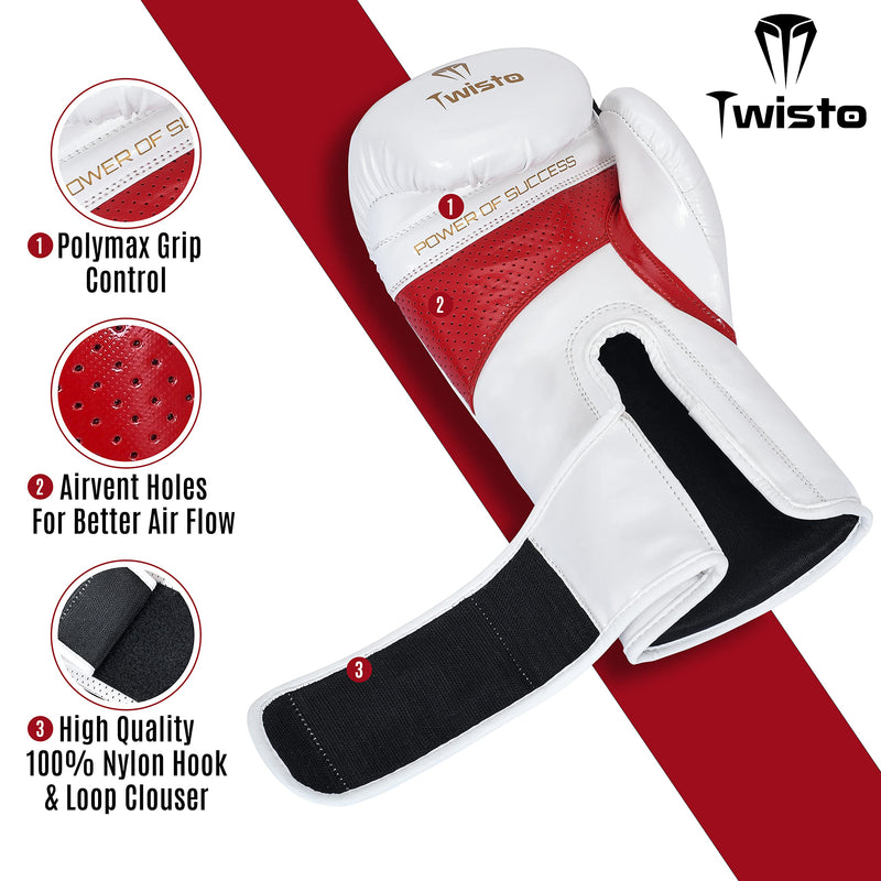 Twisto Boxing Gloves – Professional Training & Sparring Gloves for Men & Women – Muay Thai, MMA, Kickboxing, Heavy Bag, Gym Workout – Premium PU Leather with Wrist Support – 10oz 12oz 14oz 16oz 10 oz White / Red