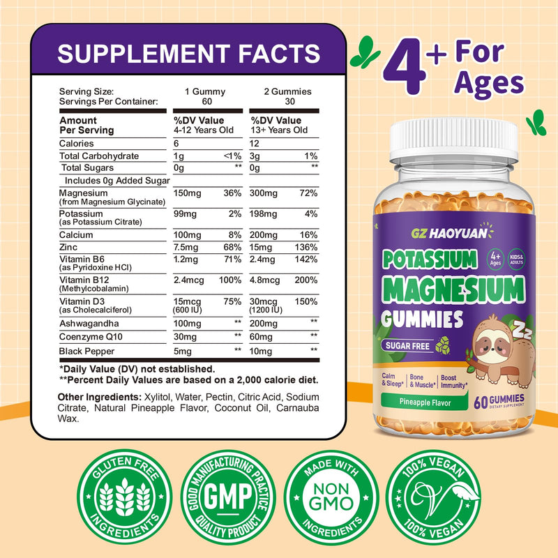 Kids Magnesium Gummies - Magnesium Glycinate Gummies with Vitamin D3, B6, Potassium & Ashwagandha for Kids & Adults Relaxation, Sleep, Brain & Bone Health -Sugar Free Pineapple Flavor 60 ct 60 Count (Pack of 1)