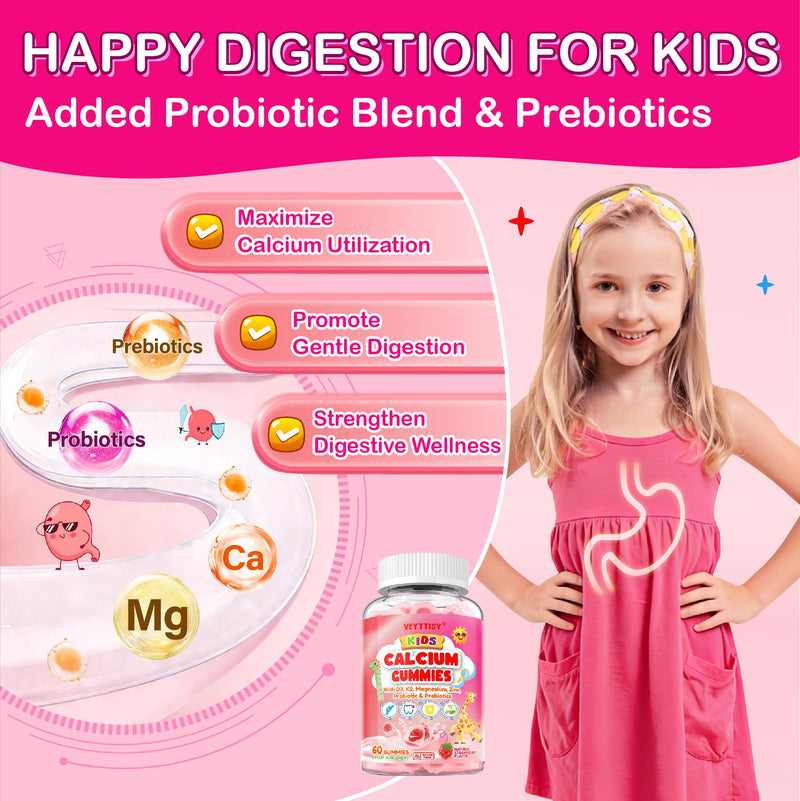 Kids Calcium Gummies with D3 & Magnesium for 4+: Sugar Free Calcium Citrate with Vitamin D3, K2, Zinc, Probiotics & Prebiotics for Kids - Gluten Free, Non-GMO,Vegan, Natural Strawberry Flavor 60 Count (Pack of 2)