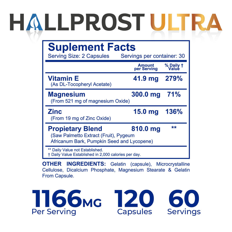 2-Pack Hallprost Ultra Prostate Health Supplement 120 Count | Saw Palmetto Blend 810mg for Urinary Tract & Bladder Support with Lycopene, Pygeum, Pumpkin Seed, Zinc & Vitamin E