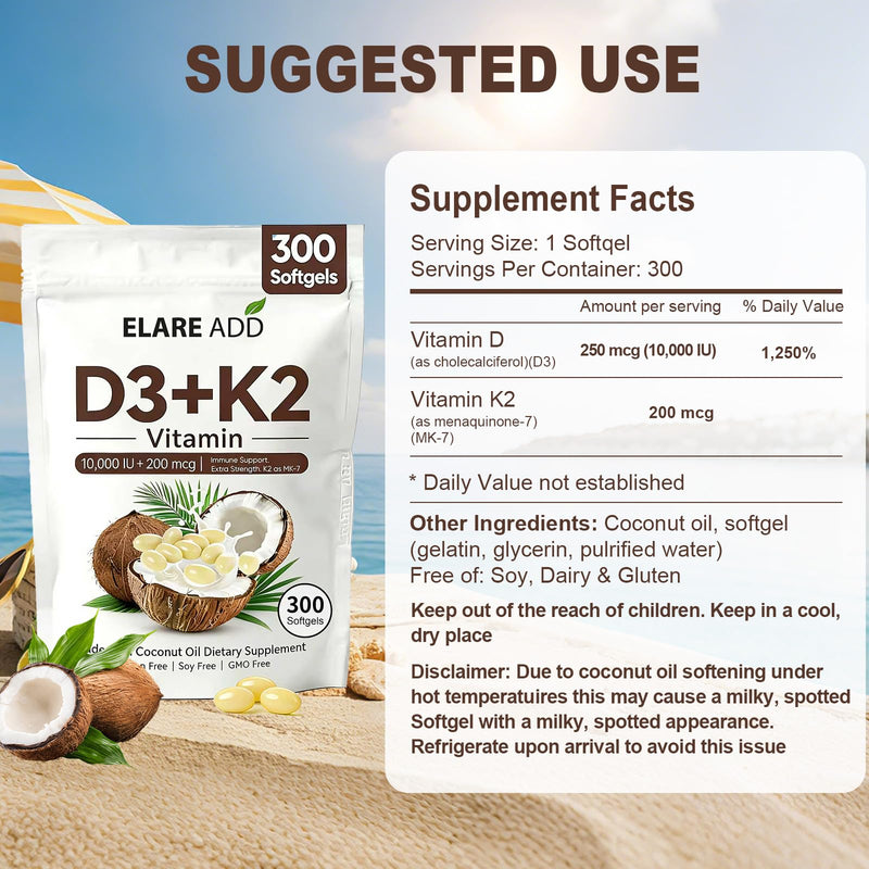 Vitamin D3 K2 10,000 IU MK-7 200 mcg D3 and K2 Supplements with Coconut Oil | 300 Softgels, 2-in-1 Vitamins D & K Complex, Extra Strength, Easy to Swallow, Non-GMO, Gluten Free