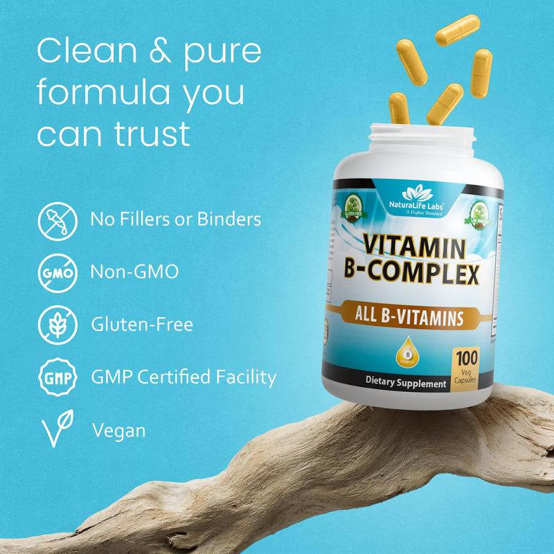 NaturaLife Labs Vitamin B Complex – All B Vitamins Including Active B2, B6, B9 & B12 (Methylcobalamin), Plus B1, B3, B5, B7 & Vitamin C – 100 Capsules (2 Pack) 2