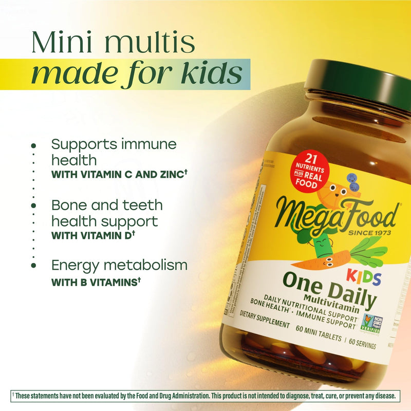MegaFood Kids One Daily Multivitamin with 21 Key Nutrients, 60 Mini Tablets | Mini Multivitamin for Kids, Supports Immune, Cellular Energy, Teeth & Bone health, Non-GMO, Vegetarian, 60 Servings 60 Count (Pack of 1)