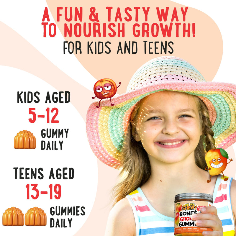 Fluffy Height Growth Vitamin Gummies for Kids & Teens - Grow Taller | Growing Up and Teeth & Bones Support, Calcium, Zinc, Vitamin D3, K2, Spirulina and Astragalus - Peach & Mango