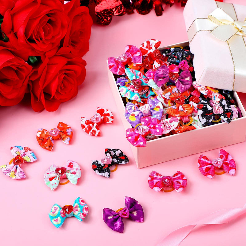 Tondiamo 100 Pack Valentine's Day Dog Hair Bows with Rubber Bands Valentine's Day Puppy Bows Rhinestone Pet Hair Accessories Dog Bows Grooming for Small Girl Dogs (Heart Pattern) Heart Pattern - BeesActive Australia