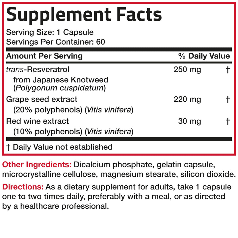 Bronson Resveratrol Complex 500 mg with Grape Seed & Red Wine, 60 Capsules | trans-Resveratrol from Japanese Knotweed, Healthy Aging & Cellular Support, Non-GMO, Gluten-Free & Soy-Free 60 Count (Pack of 1)