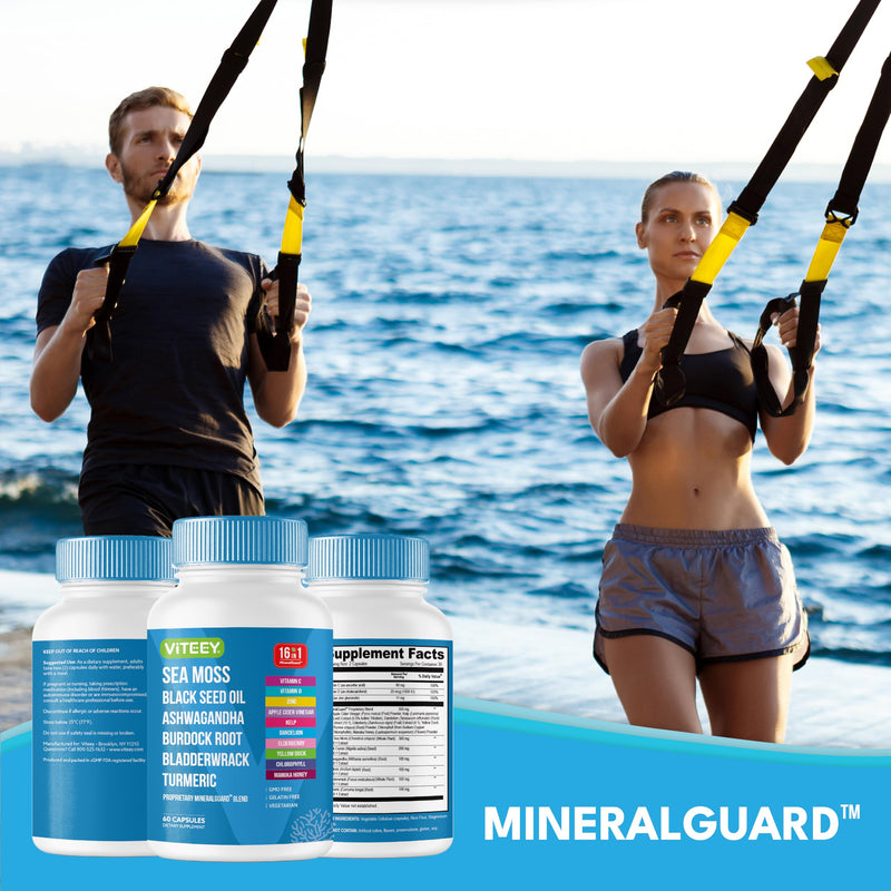 Viteey Sea Moss Capsules with Black Seed Oil - 16in1 MineralGuard | Irish Sea Moss Supplement with Bladderwrack, Burdock Root & Ashwagandha – Immune & Mineral Support - 60 Capsules