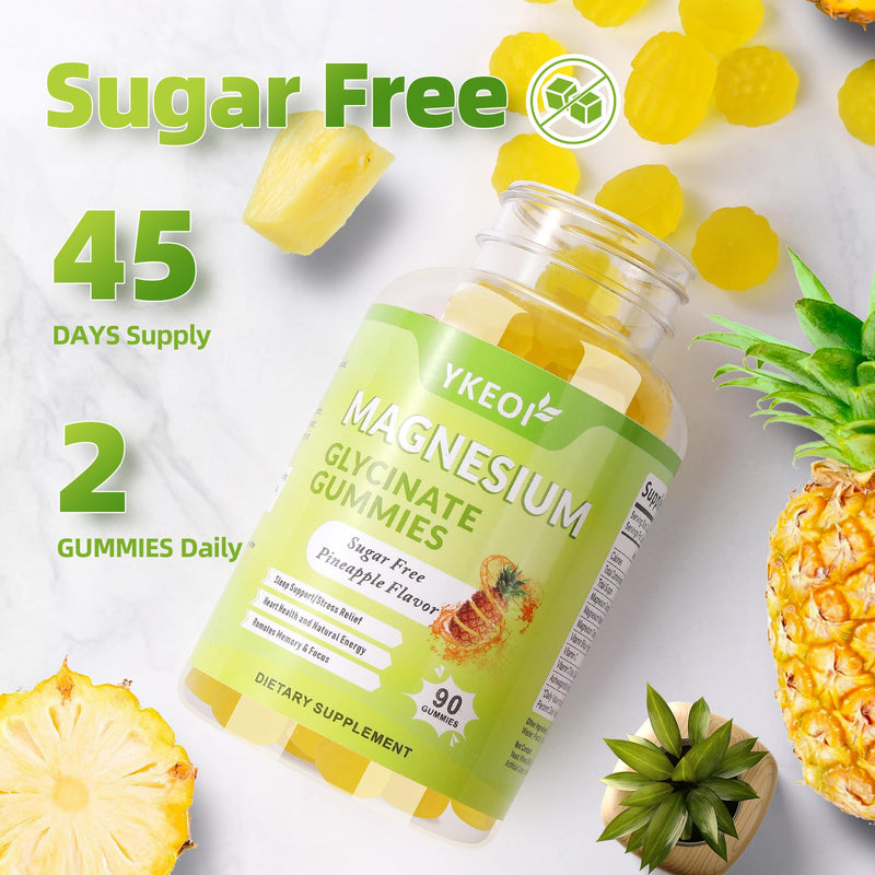 90 CT Magnesium Glycinate Gummies 500 mg with Ashwagandha,Sugar Free Magnesium Supplement Triple Magnesium Complex with Citrate,Malate,Vitamin C D3 B6,for Women and Men Kids Sleep Relaxation Pineapple 90 Count (Pack of 1)