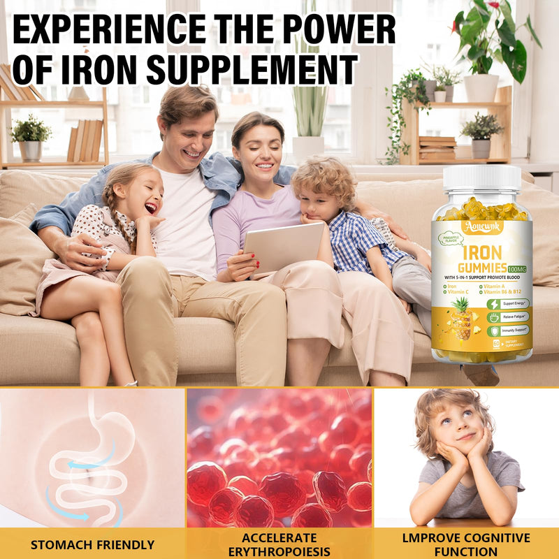 1 Pack 100MG Iron Supplement Gummies for Women & Men | with Vitamin C, A, B - for Adults & Kids, Iron Deficiency, Immune & Energy Support, Pineapple Flavor, Non-GMO, 60 Counts 60 Count (Pack of 1)