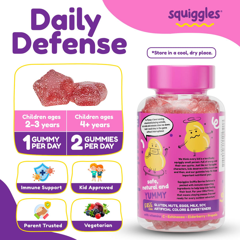 Squiggles Sniffle Berries Elderberry Gummies for Kids Immune Support, 100ct | Kids Immunity Gummies with Bee Propolis & Echinacea, Chewy Elderberry Kids Gummy Vitamins for Health, Toddler Immune Booster