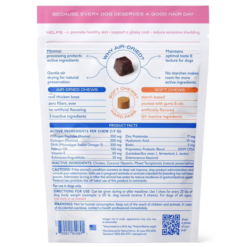 Native Pet Skin & Coat Chews - Omega 3 Fish Oil for Dogs Skin & Coat Supplement - Itch Relief, Shiny Fur & Shedding Support - Collagen, Hyaluronic Acid, Biotin, Probiotics & Salmon Oil - 30 Chews