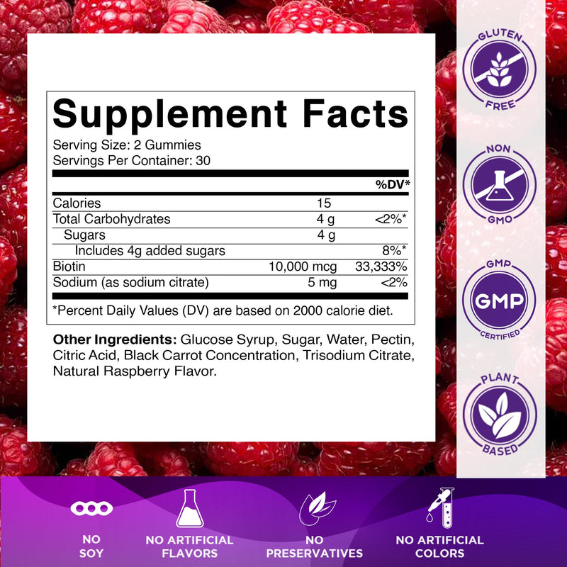 Vitamatic Biotin 10,000 mcg, 60 Vegan Gummies, Raspberry Flavor-2 Pack | 10000 mcg Per Serving, Natural Raspberry Flavor, Pectin Based, Non-GMO, Gluten Free, GMP Certified 2 Bottles
