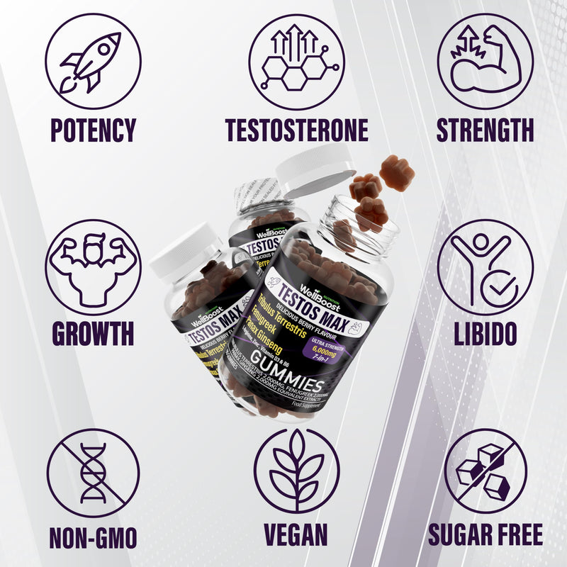 Testos MAX Strength Gummies - 6000mg 7-in-1 Tribulus, Fenugreek, Ginseng, L-Arginine, Zinc, Vitamin D3 & B6 - Vegan, Sugar-Free, Berry Flavour - Supports Muscle Growth & Vitality for Adults
