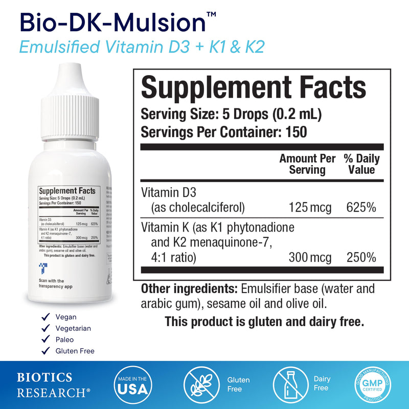 BIOTICS RESEARCH Bio-DK-Mulsion™–Emulsified Liquid Vitamin D and K, D3 Drops 125 mcg & Vitamin K (K1, K2) 300 mcg MK-7–Supports Stronger Bones, Musculoskeletal Strength, Healthy Heart & BMI 1 fl oz