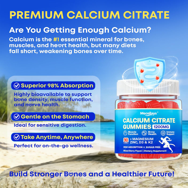 180 Count Calcium Citrate Gummies 1200 mg with Vitamin D3, K2, Magnesium & Zinc, High Absorption Calcium Supplements for Women & Men for B0ne, Muscle & Immune Support, Sugar Free, Mixed Berry Flavor 90 Count (Pack of 2)
