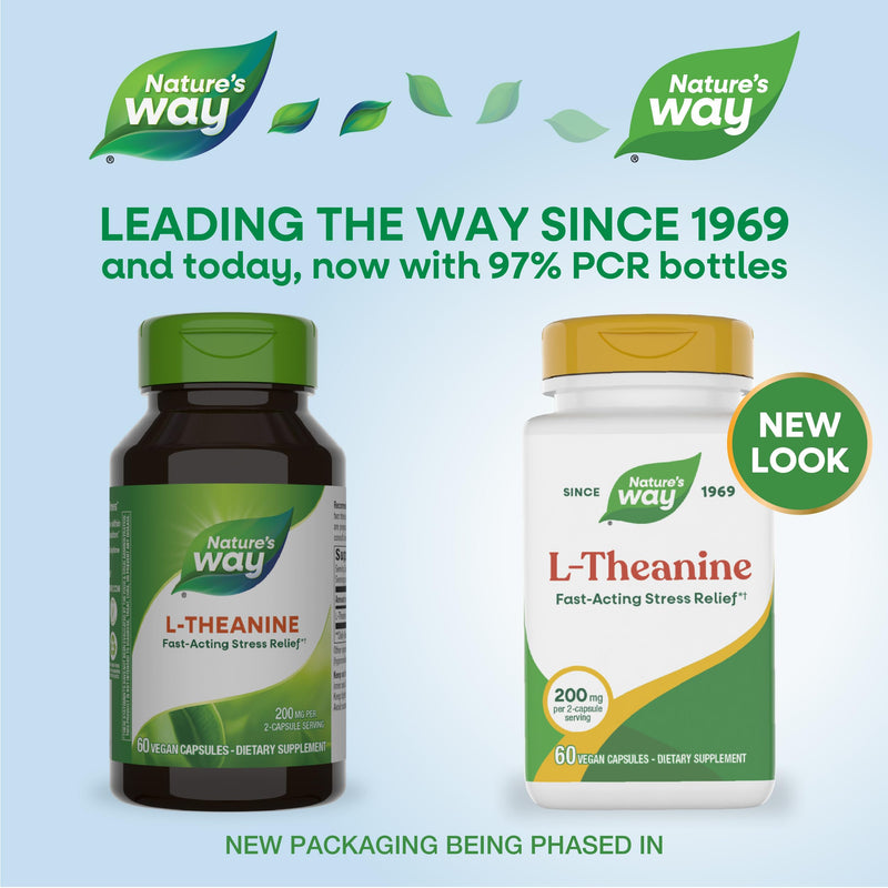 Nature's Way L-Theanine Capsules for Stress Support*, 200 mg, 60 ct | Promotes Relaxation*, 200 mg per 2-Capsule Serving, Fast-Acting Stress Relief*, Vegan 5660 Count (Pack of 1) 60 Count (Pack of 1)