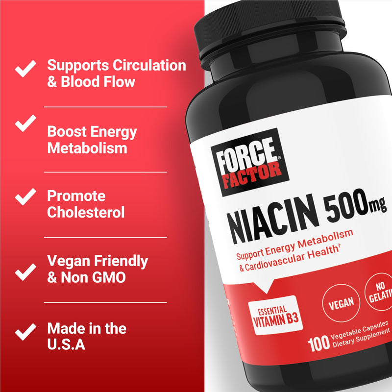 Force Factor Niacin Vitamin B3 to Support Cellular Energy & Heart Health | Niacin 500mg Heart-Health & Cardiovascular Health Supplement, Vegan, No Gelatin, Non-GMO, 100 Vegetable Capsules