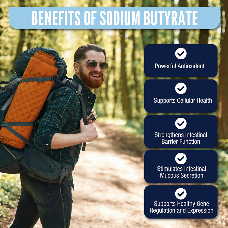 LongJuvity Sodium Butyrate Supplement (300mg) - Naturally Sourced Postbiotic - Optimal Gut Health & Leaky Gut Repair - Postbiotic Short Chain Fatty Acid, Lab Tested (120 Extended Release Caps) - BeesActive Australia