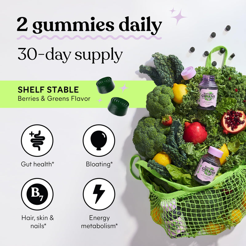 Lemme Greens Superfood Gummies, 30-Day Supply | Support Gut Health & Reduce Bloating, 20+ Organic Greens and Superfruits, Clinically Studied Probiotics, D3, B12