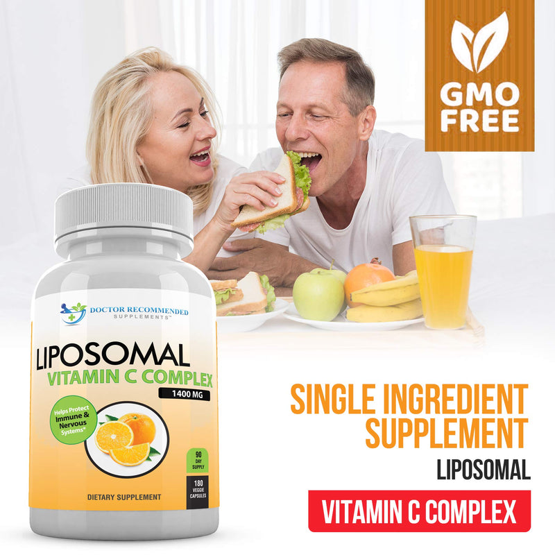Liposomal Vitamin C 1400mg Per Serving - High Absorption Ascorbic Acid, Lypo-Spheric Vitamin C Complex Immune Support Supplement w/ Powerful Antioxidants and Collagen Booster, (180 Veggie Caps 2 Pack) 180 Count (Pack of 2)