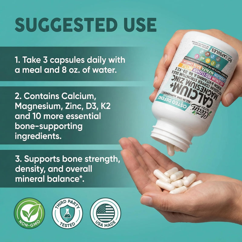 Allin1 Calcium Magnesium Zinc Supplement with Potassium, Copper, Strontium, Silica, Vitamin D3 K2, Boron, Vitamin B1 B12 Red Clover Herb Alfalfa Basil Pills for Men & Women Clean Nutra Osteo Defend