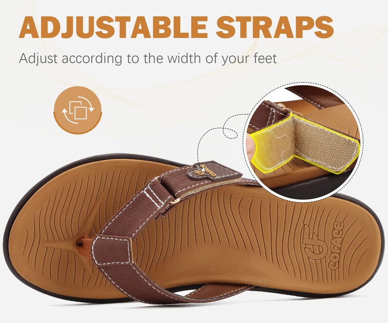 COFACE Flip Flops for Women with Arch Support Beach Thong Sandals for Woman Adjustable Fashion Orthopedic Sandal Outdoor 7.5 Brown