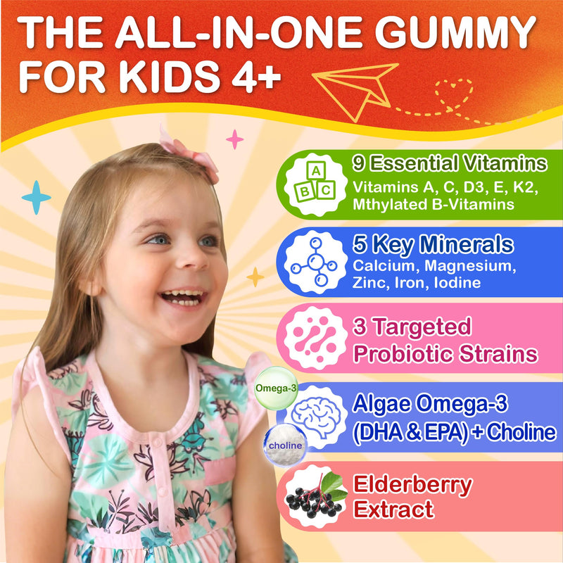 Sugar Free Kids Multivitamin Gummies - Kids Vitamins with Iron, Probiotics & Omega-3 for Healthy Growth - Plus Elderberry, Vitamin C, D3 & Zinc for Immunity - Ages 4-12, Natural Peach Flavor 60 Count (Pack of 2)