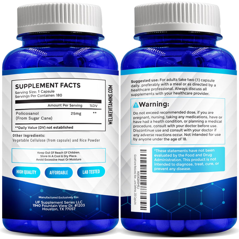 Policosanol 25mg - 180 Caps- Policosanol Supplement from Natural Sugar Cane | Max Strength Policosanol 25MG Daily Dose For Antioxidant Support - 6 Month Supply, Just 1 A Day - Non-GMO & Gluten Free 180 Count (Pack of 1)