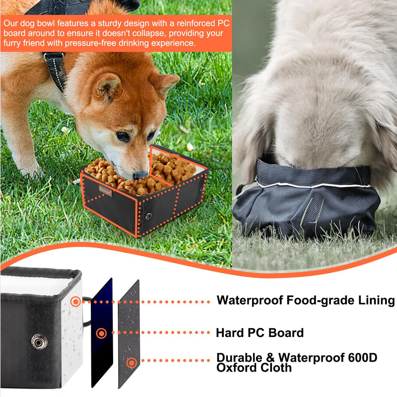 Texsens Collapsible Dog Bowls 2 Pack, Sturdy Reinforced Rim, Portable Travel Dog Bowls for Food & Water, Foldable & Lightweight for Cat Puppy Pet Walking Hiking with 2 Carabiners (Large, Black+Orange) Large - BeesActive Australia