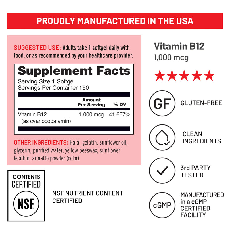 NatureWise Vitamin B12 1000 mcg - Dietary Supplement for Supporting Energy Metabolism, Mental Clarity, Nervous System Health - Easy-to-Swallow, Soy & Gluten-Free, Non-GMO - 150 Count[150-Day Supply] Unflavored 150 Count (Pack of 1)