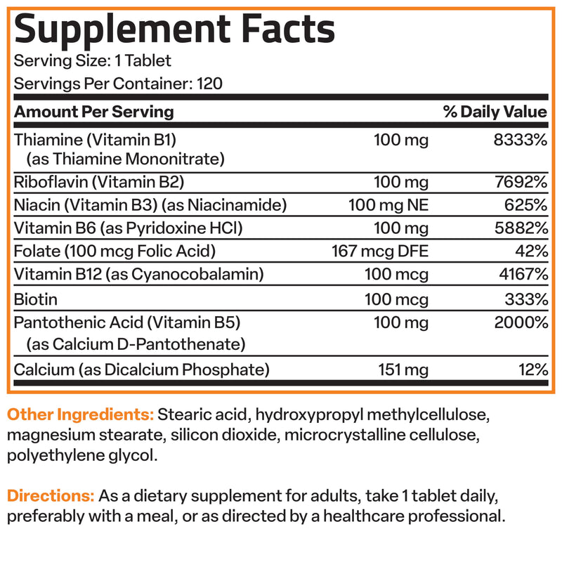 Bronson Super B100 Vitamin B Complex Sustained Release, 120 Tablets | B1, B2, B3, B6, Folic Acid, B12, Biotin & Pantothenic Acid, Energy & Nerve Support, Non-GMO, Gluten-Free & Soy-Free Unflavored 120 Count (Pack of 1)