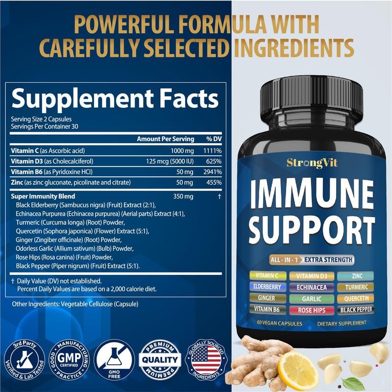 StrongVit Immune Support Supplement 12 in 1 Complex with Vitamin C, D3, Zinc, Echinacea, Elderberry, Ginger, Turmeric. Immune Defend for Men & Women, Non-GMO, Gluten-Free, Vegan, USA 60 Count (Pack of 1)