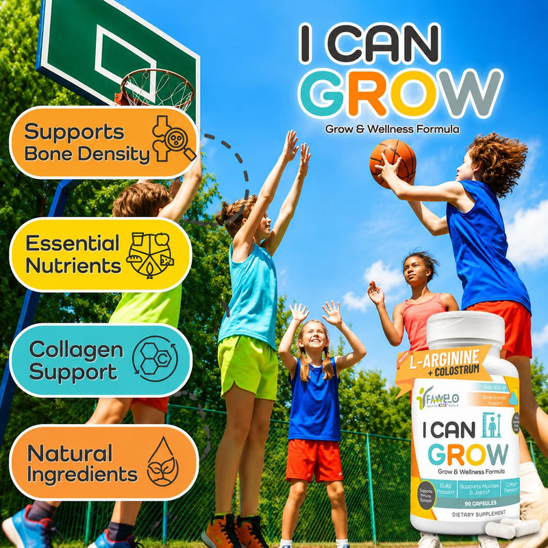 I Can Grow Day-Time Growth Support for Kids 10+ & Teens, 90 Capsules | Bone and Muscle Strength, Focus Support with L-Arginine, L-Ornithine, L-Glycine, Colostrum, Calcium, D3, Magnesium, Zinc