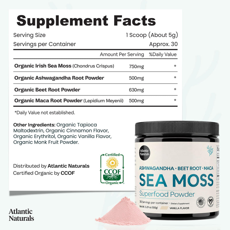 Atlantic Naturals Superfood Organic Sea Moss Powder Blend with Ashwagandha, Maca Root & Beet Root | Ideal for Healthy Skin, Positive Mood & Energy | Vanilla Flavor (150g)