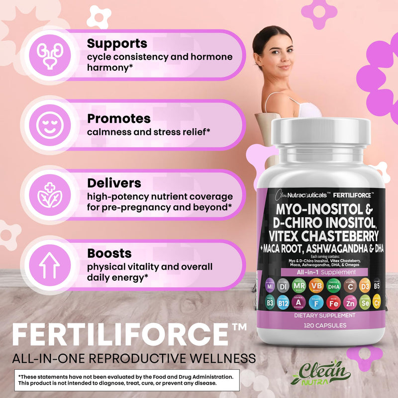 Clean Nutraceuticals Myo-Inositol & D-Chiro Inositol 2050mg Fertility Supplement 40:1 Ratio - Prenatal Vitamins for Women with Ashwagandha Maca Root Vitex Chasteberry Iron DHA Folic Acid DIM Zinc (1) - BeesActive Australia