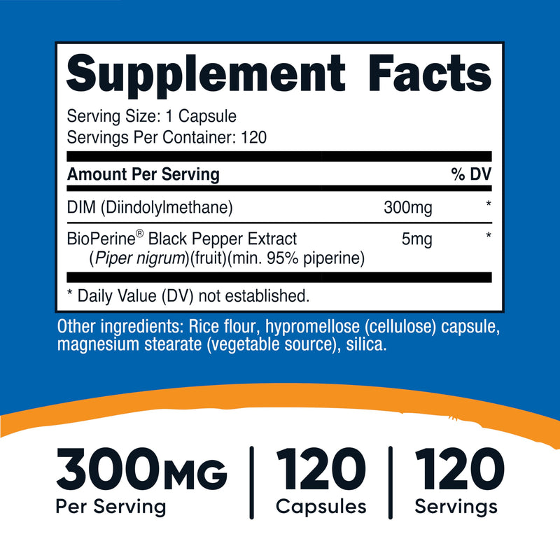 Nutricost DIM (Diindolylmethane) Plus BioPerine 300mg, 120 Vegetarian Capsules - Up to 4 Month Supply, Max Strength DIM Supplement 120 Count (Pack of 1)
