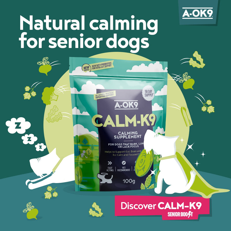 Senior Calm-K9 | Calming Support Supplement for Senior Dogs | Supports Relaxed Behaviour During Fireworks & Travel | Natural Ingredients & Superfoods | Mix with Dog Food