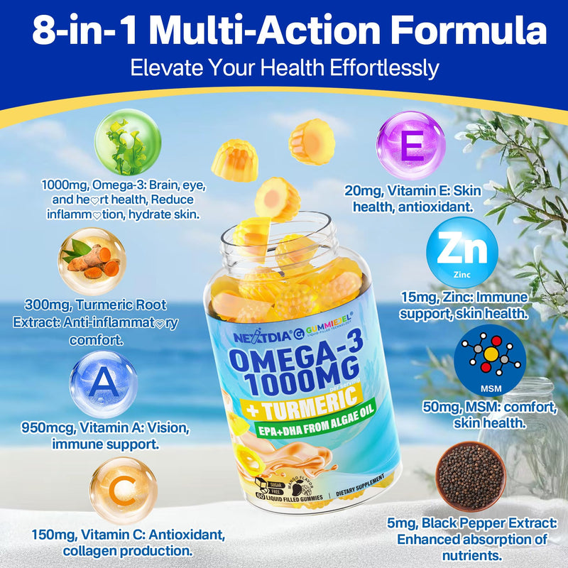 Vegan Omega-3 Gummies 1000mg + Turmeric - Omega 3 Fish Oil Alternative for Adults - Algae DHA 600mg & EPA 300mg, Vitamins A, C, E, Zinc & MSM, Sugar Free, 60 Cts 60 Count (Pack of 1) - BeesActive Australia