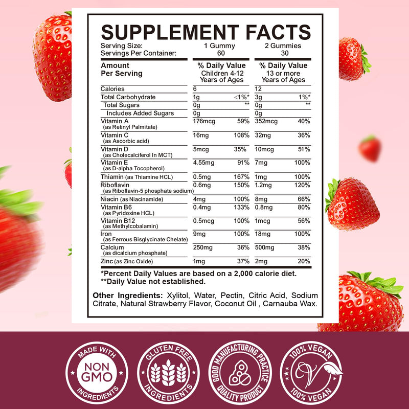 Iron Supplement Gummies for Kids - with Calcium, Zinc, Kids Multivitamin with Iron Gummies - Immune Support, Blood Builder & Energy Support for Iron Deficiency - 2 Pack Strawberry Flavour, 60 Gummies 60 Count (Pack of 2)