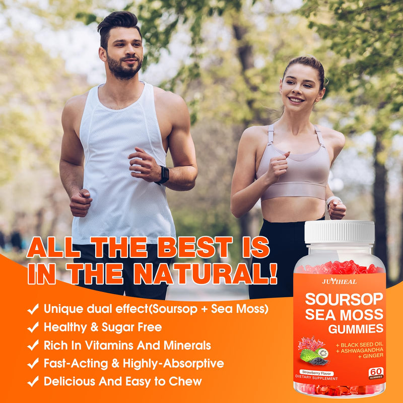 (2 Pack) Soursop Graviola with Sea Moss Gummies, 10-in-1 Soursop Gummies with Vitamin C, Zinc for Immunity and Antioxidant, Gluten Free, Vegan 120 Gummies Strawberry Gummies 2pack