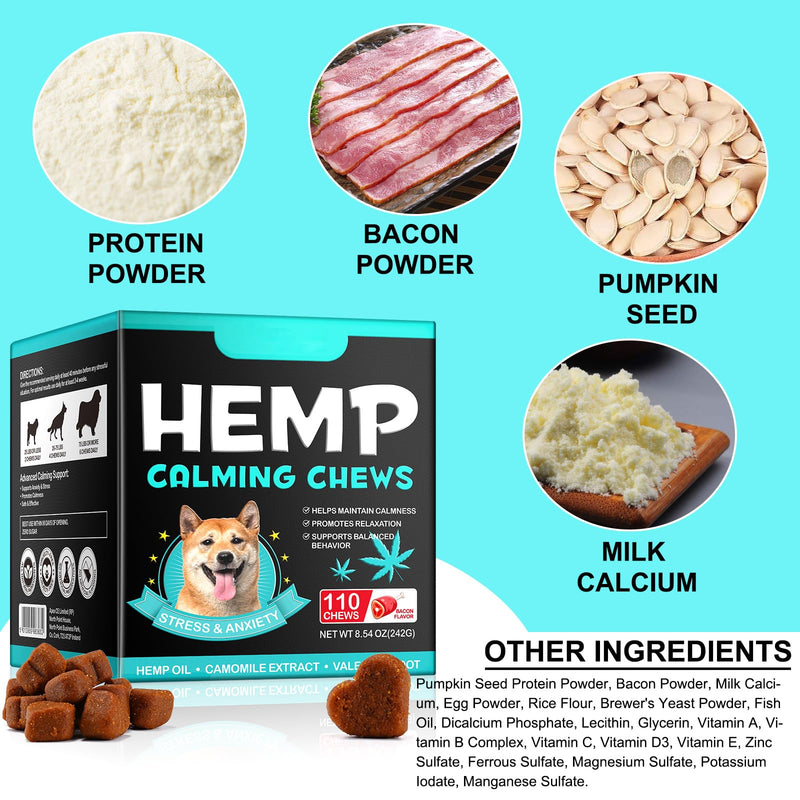Hemp Calming Chews for Dogs, Dog Calming Treats, Dogs Anxiety Relief Treats, for Fear, Separation Anxiety, Barking, Hyperactivity, Reactivity, Aggression, Chicken Flavor, 110pcs (Bacon Flavor)