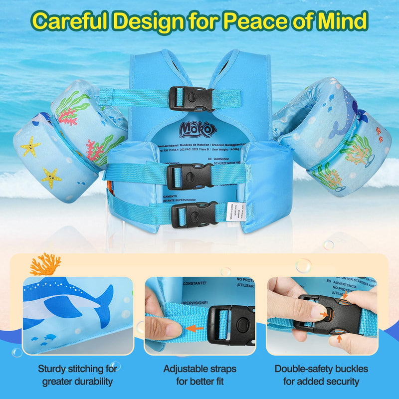 MoKo Toddler Swim Vest for Kids, Swim Arm Floaties 22-66 lbs Boys and Girls Cartoon Swimming Water Wings Pool Float Vests Sleeves Shoulder Straps Arm Band for Children Learn to Swim, Blue Shark A-Sky Blue Shark for kids 22-66 lbs